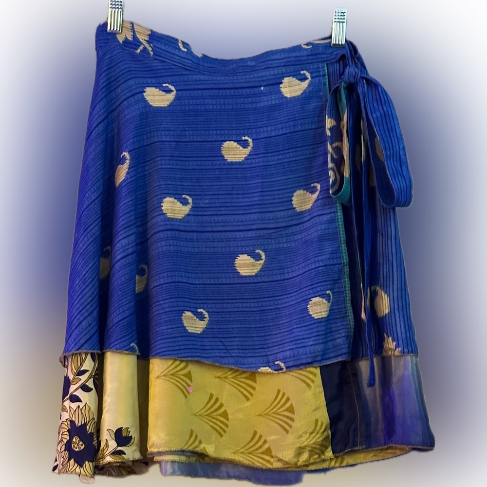 Silk / silk blend sari boho wrap skirt reversible mini length